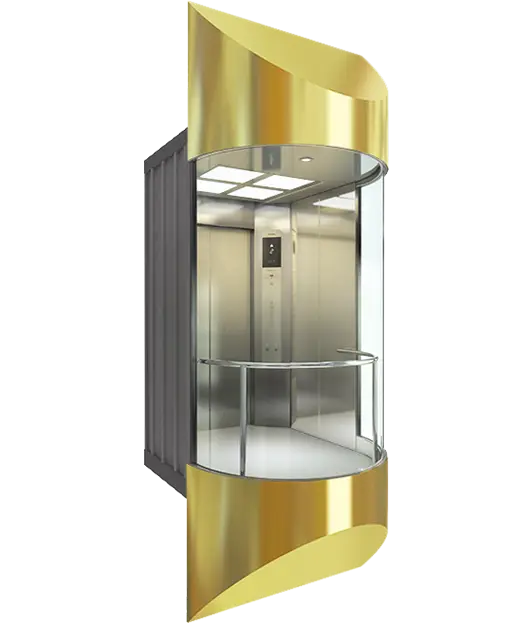 a golden color modern cabin  design of glass elevator