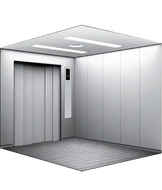Open door of a white goods elevator, showcasing its spacious interior for freight transport.