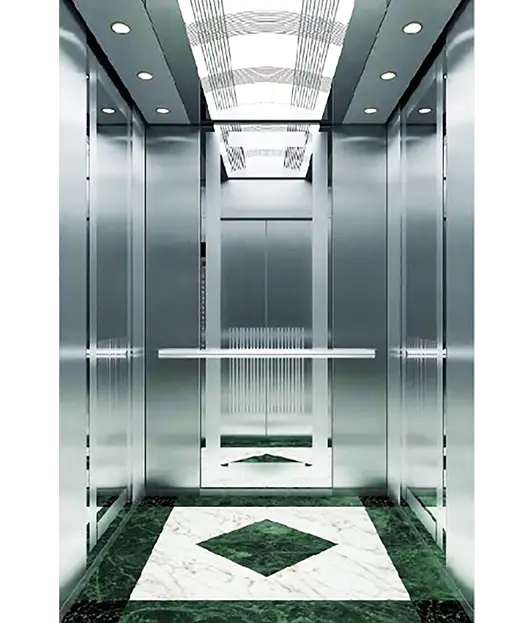 Passenger elevator featuring a green marble floor and sleek silver walls.