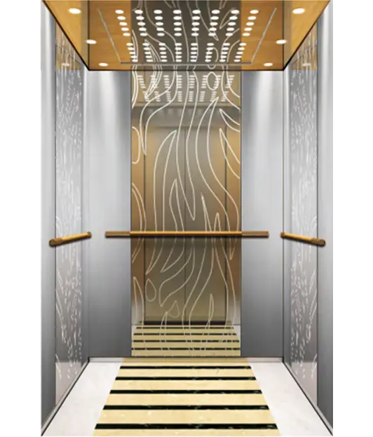 Passenger elevator showcasing a green marble floor complemented by shiny silver walls.