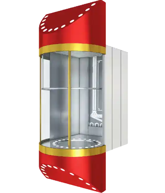 Glass lift featuring a red and white design, serving as a panoramic elevator for scenic views.