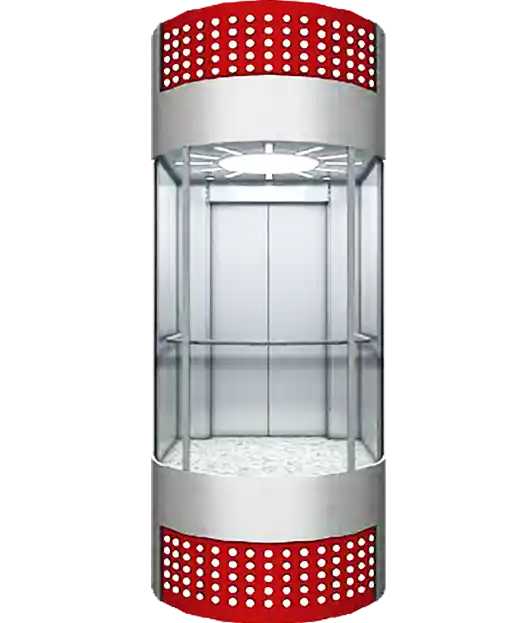 A glass elevator featuring red and white stripes, designed for panoramic views and sightseeing experiences.