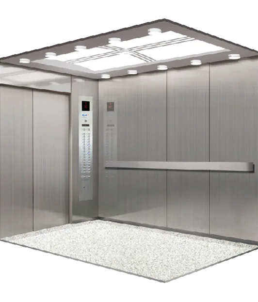 Elevator featuring silver doors and a white ceiling, utilized as a hospital bed lift for efficient patient movement.