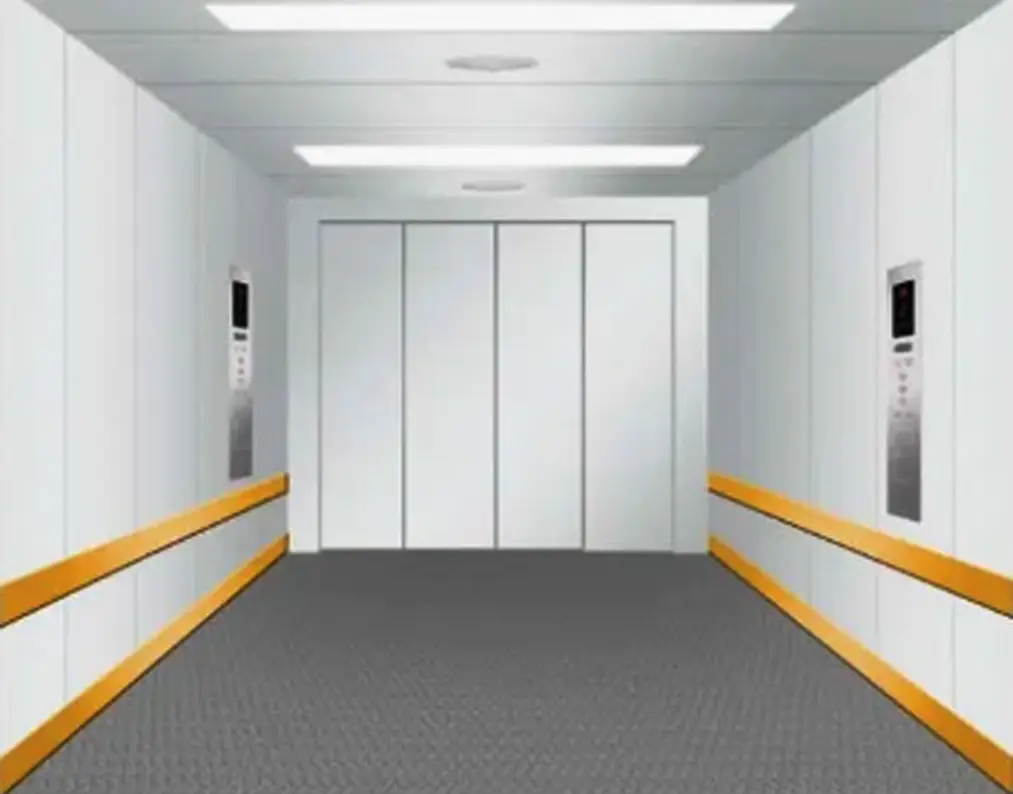 Cargo lift with yellow walls and white floors, designed for transporting goods between levels.