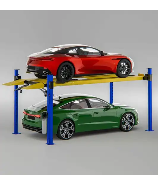 Two cars elevated on a hydraulic 4-post lift inside a garage, showcasing efficient space utilization for vehicle storage.