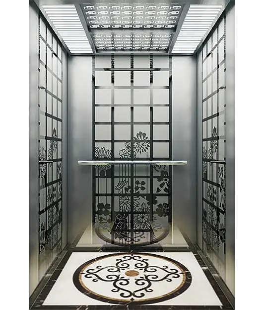 Interior of a passenger elevator with ornate wall decorations, enhancing the visual appeal of the space.