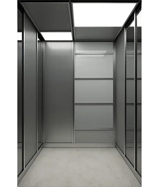 An empty passenger elevator featuring a glass door and overhead light, showcasing a modern and minimalist design.