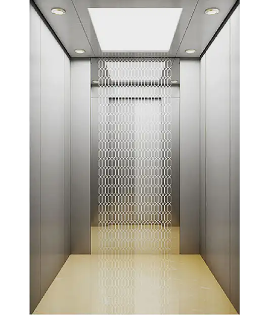Modern passenger elevator with a sleek metal door and a glass wall, allowing visibility into the cabin.