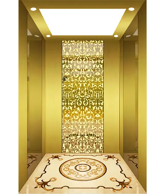 A luxurious golden passenger elevator featuring a marble floor and ornate gold door.