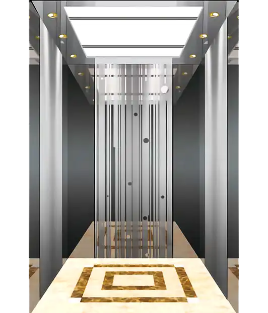 A modern blue elevator featuring transparent glass doors and a glass wall, showcasing a sleek design.