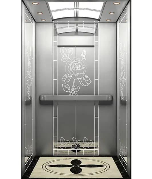 Modern passenger elevator featuring floral designs on the walls, creating a vibrant and inviting atmosphere.