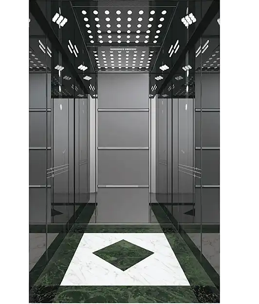 Black and white image of a passenger lift with elegant marble flooring.