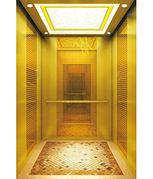 Gold mirrored passernger elevator.