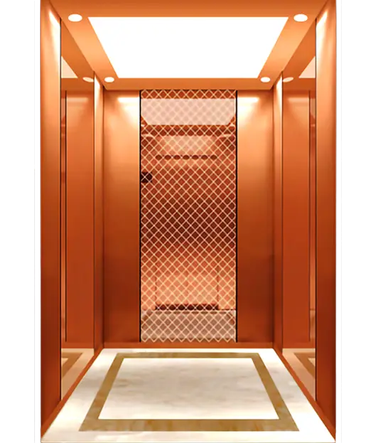 Rose gold stainless steel framed passnger elevator.