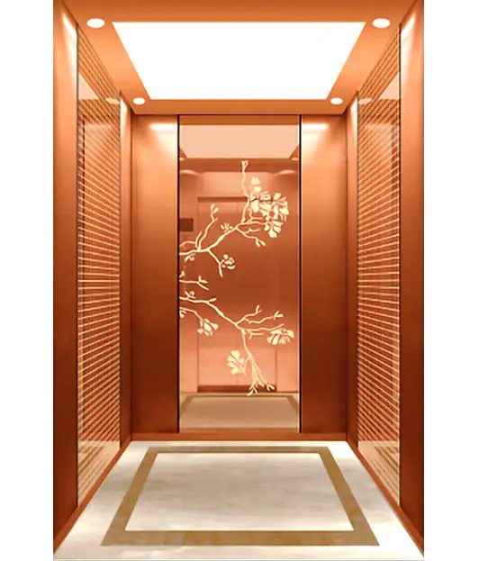 Passenger elevator featuring a decorative wall design with colorful flowers.