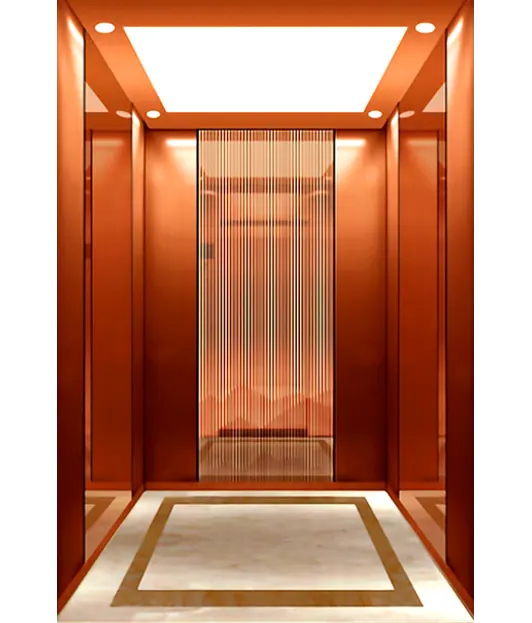 Passenger elevator featuring a glass door and a polished marble floor.
