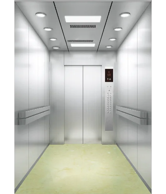 A hospital bed elevator cabin design consist of Black titanium , mirror stainless steel