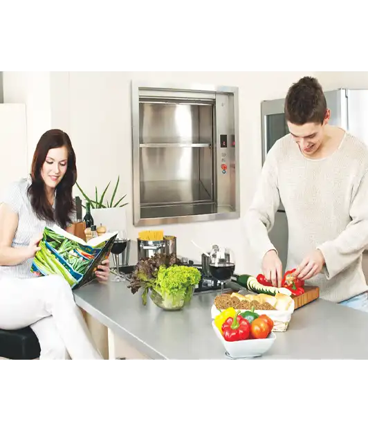 a dumbwaiter elevator is  carring foods