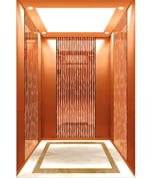 Rose Gold Stainless Steel Framed Passenger Elevator.