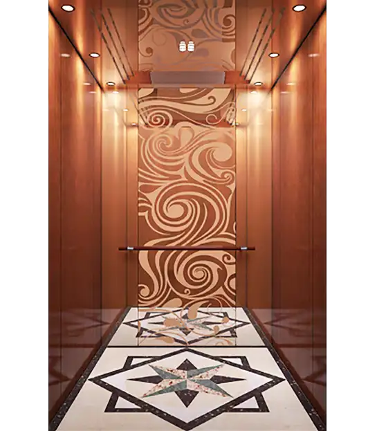 A passenger lift featuring a marble floor with an intricate decorative pattern.