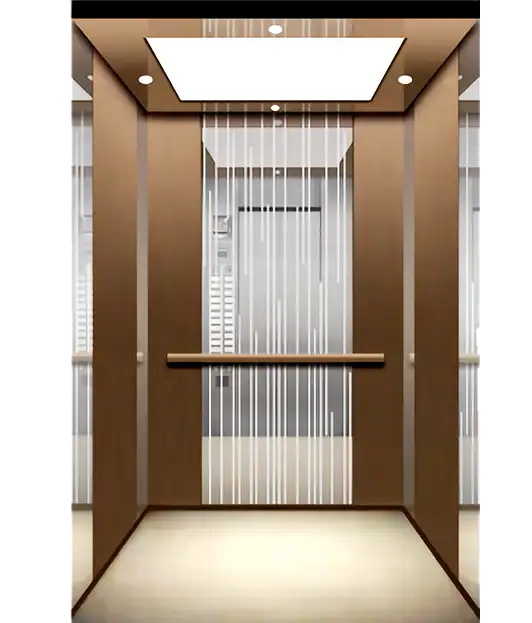An elevator with a transparent glass wall and stylish wooden doors.