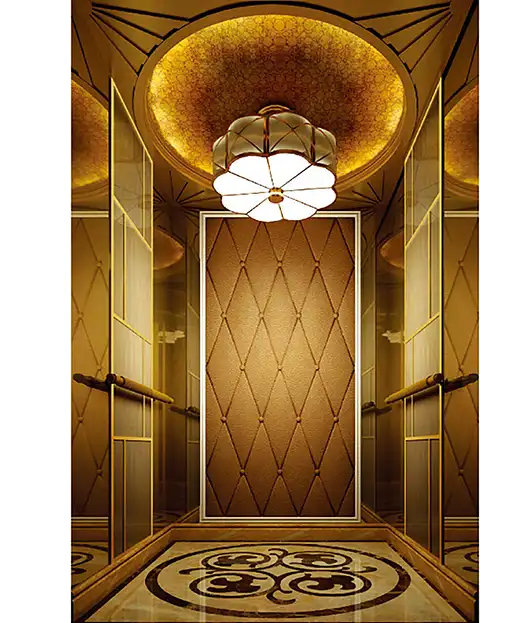 A luxurious gold elevator with an intricately designed ceiling.