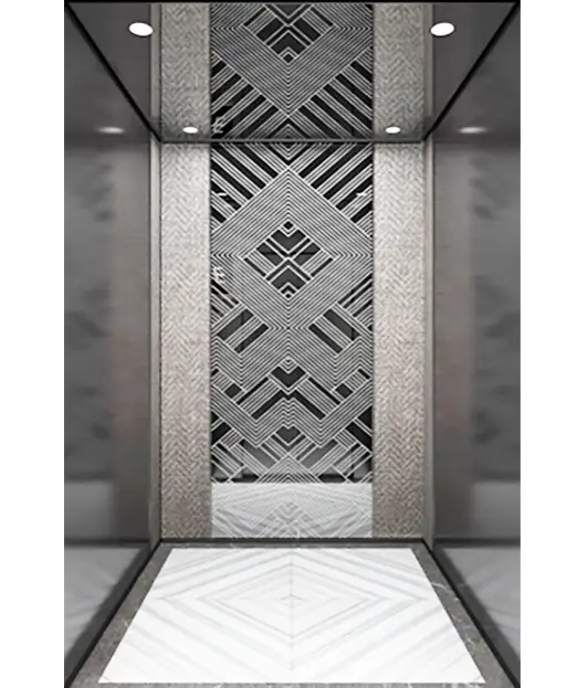 A Black Titanium Mirror Framed Passenger Elevator.