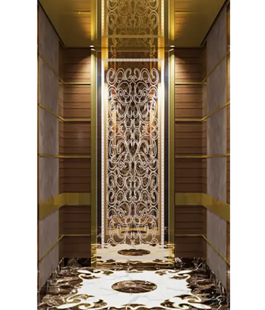 Elegant gold and white marble floor with intricate design, adjacent to a passenger lift.
