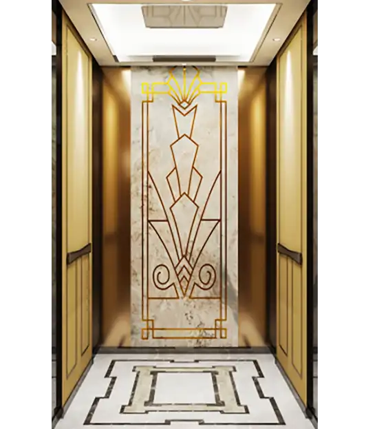 A gold and white designed passenger elevator, showcasing a modern and elegant aesthetic.